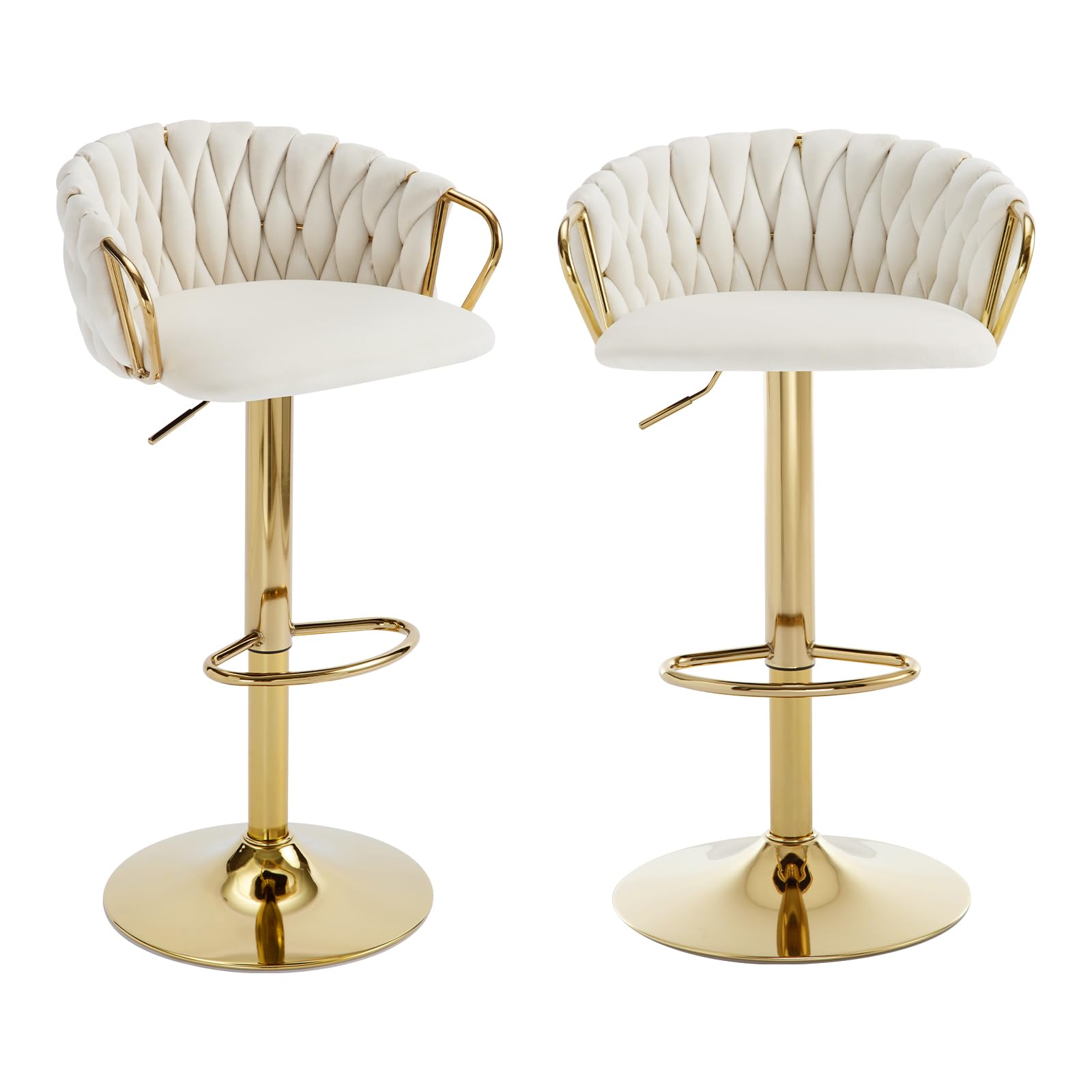Set 2 Sgabelli da bar Velluto,Schienale intrecciato Bianco Crema