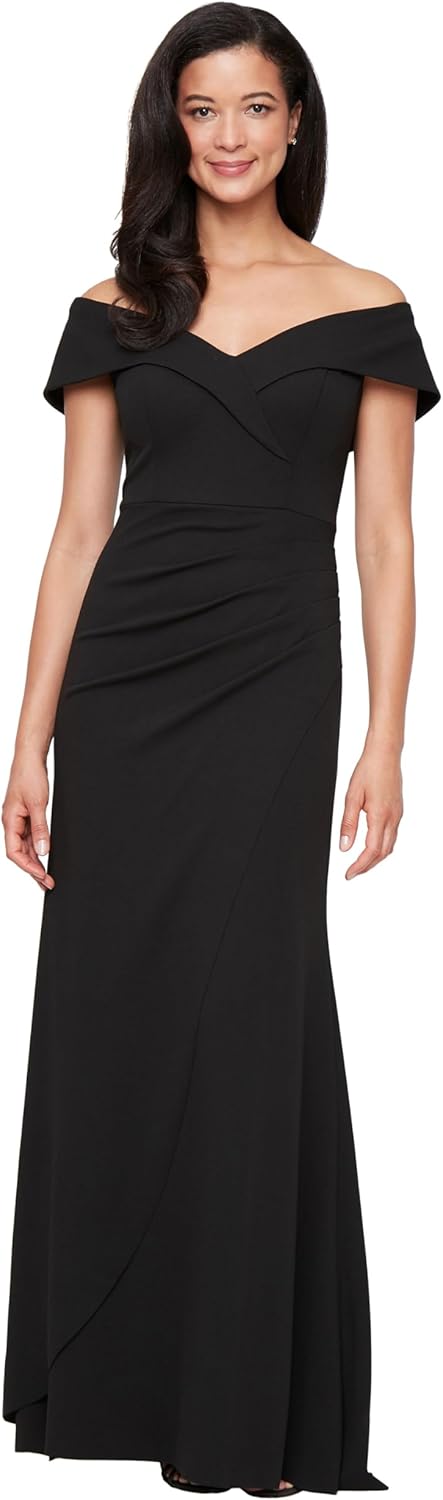 Alex Evenings Womens Off The Shoulder Stretch Crepe Dress with Fishtail Back, Floor Length Mother of The Bride Dress