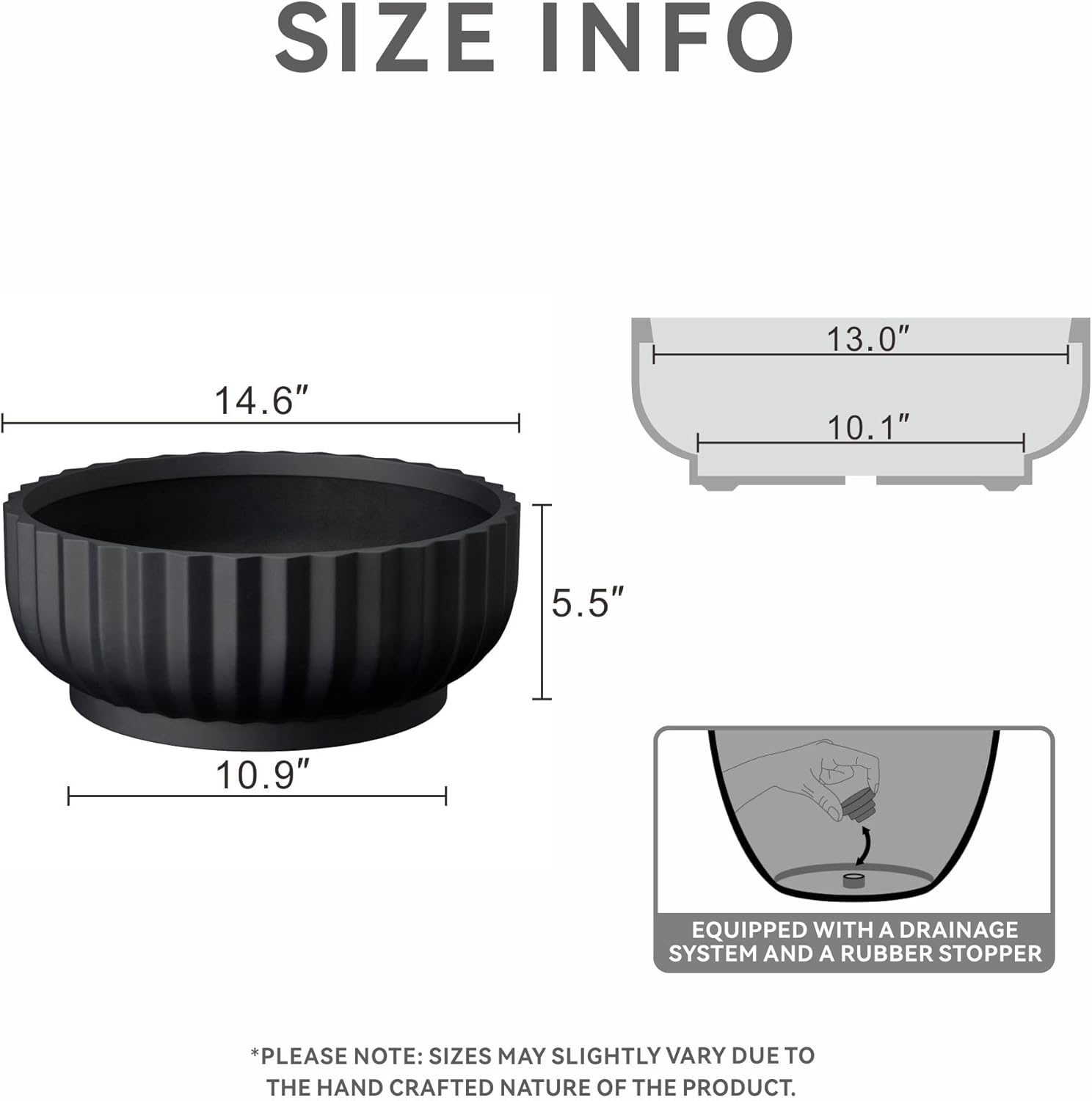 kante round fulted bowl planter, 14.6 inch dia large concrete flower pots with drainage hole and rubber plug, suitable for for indoor outdoor plants, home, patio, garden, black black 14.6"dia x 5.5"h