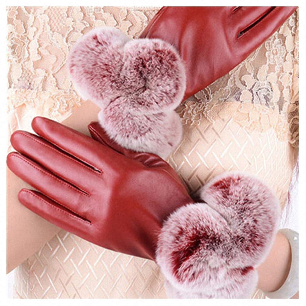 Fashion Warm Winter Gloves Female Leather Gloves Rabbit Fur Wrist Mittens Women's Warm Gloves Luxury Design Guantes Mitts Wine Red One Size