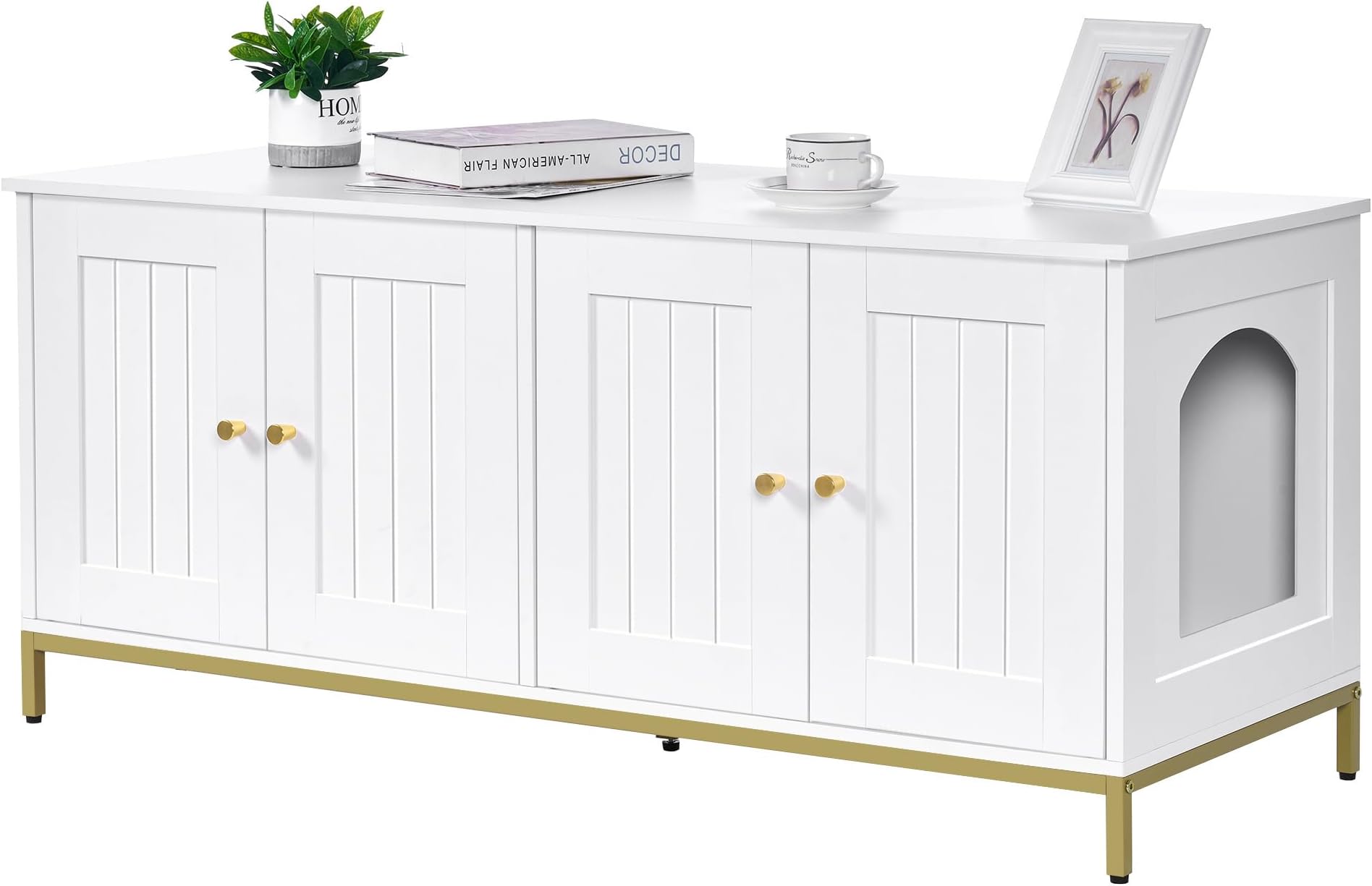 HomhedyCat Litter Box Enclosure for 2 Cats, Cat Washroom Furniture with Double Room, Pet House with Metal Frame, 47.2”L x 17.7”W x 21.7”H, White and Gold