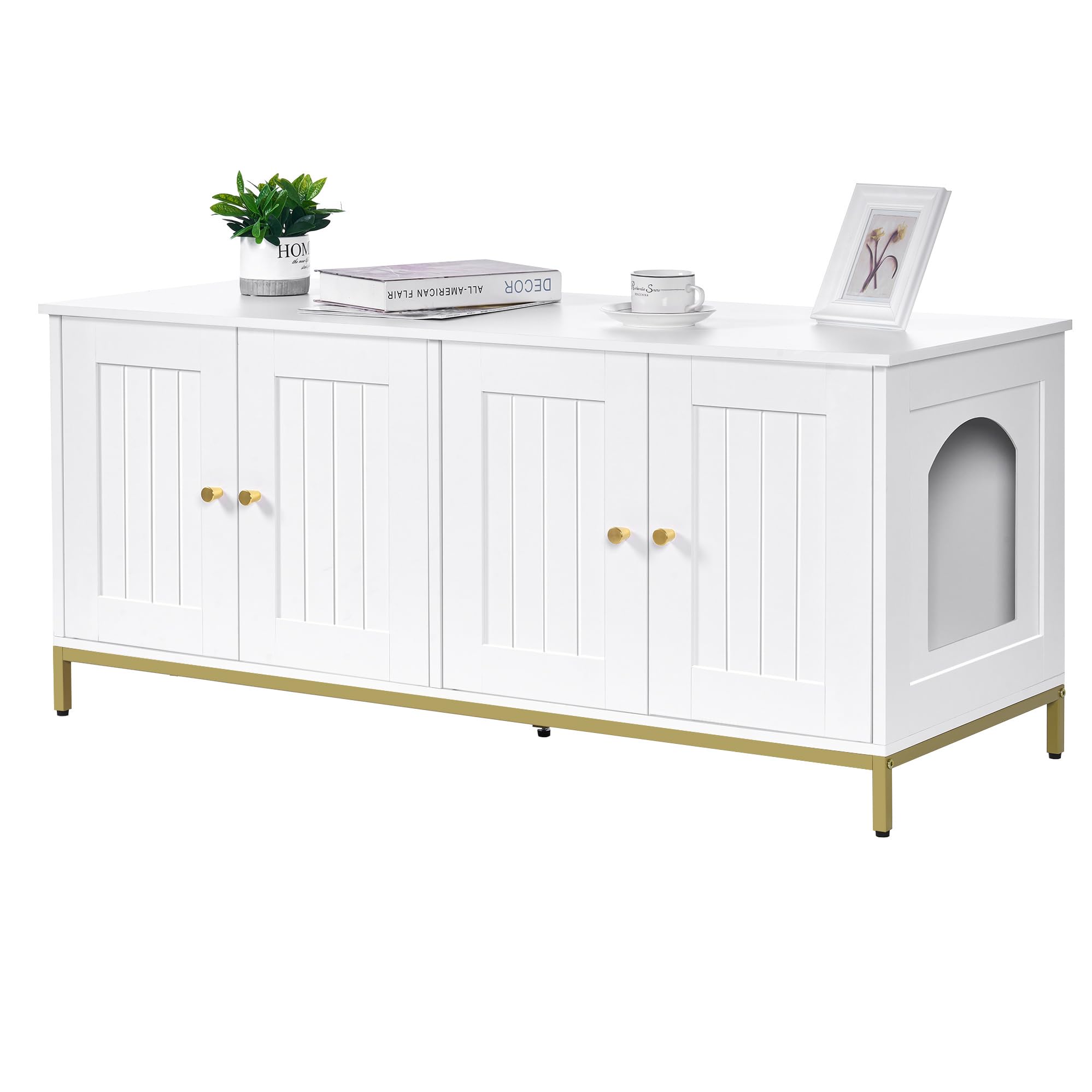 HomhedyCat Litter Box Enclosure for 2 Cats, Cat Washroom Furniture with Double Room, Pet House with Metal Frame, 47.2”L x 17.7”W x 21.7”H, White and Gold