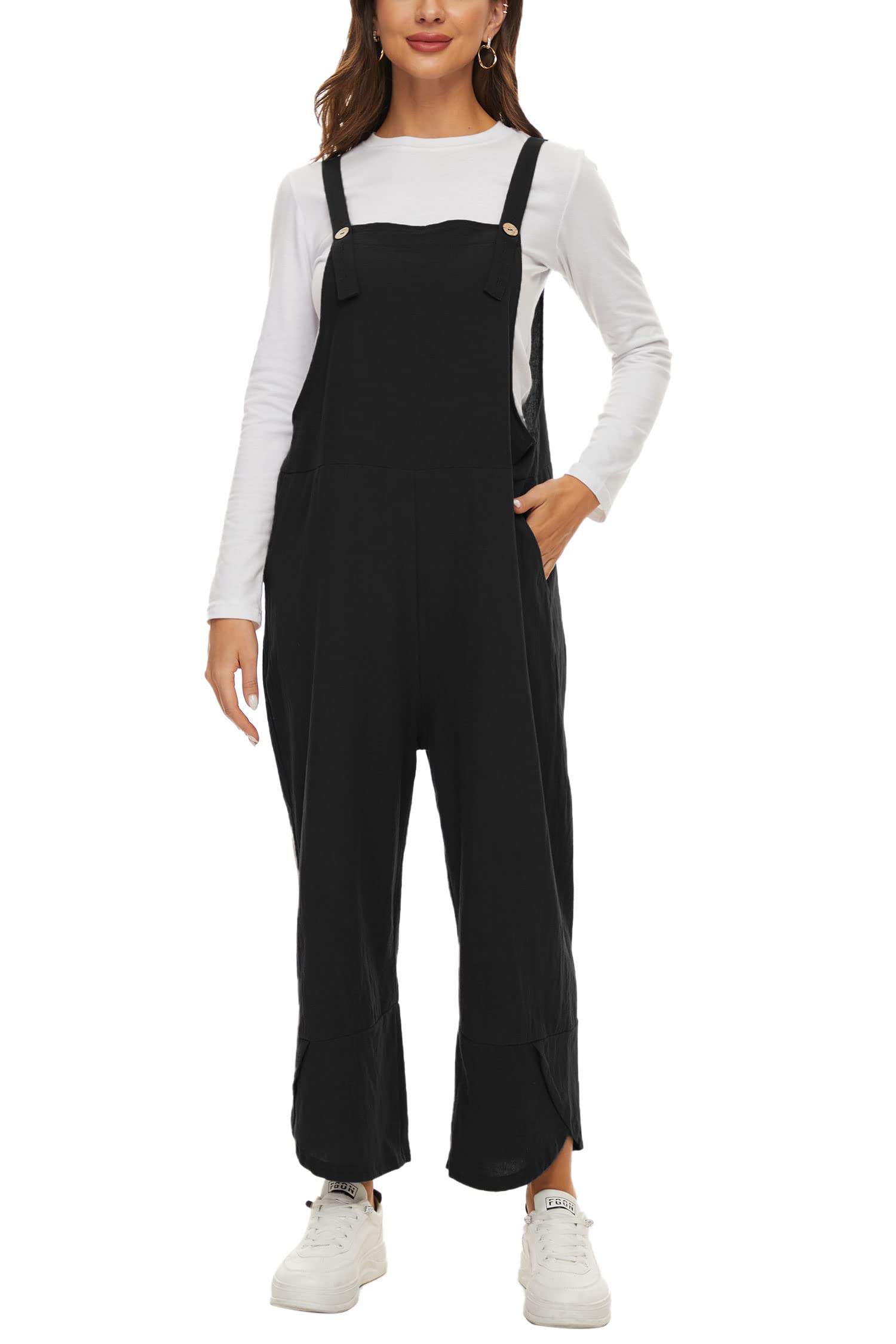 VEVESMUNDO Peto de verano para mujer, holgado, de algodón, largo, elegante, retro, holgado, con piernas anchas, mono, con bolsillos, 34, 36, 38, 40, 42, 44, 46, 48, 50