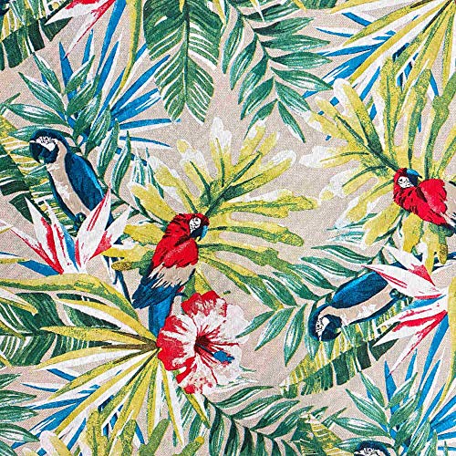 Kt KILOtela Tela de loneta Estampada - Retal de 100 cm Largo x 280 cm Ancho | Hojas Tropicales y Loros - Verde, Azul, Rojo ─ 1 Metro