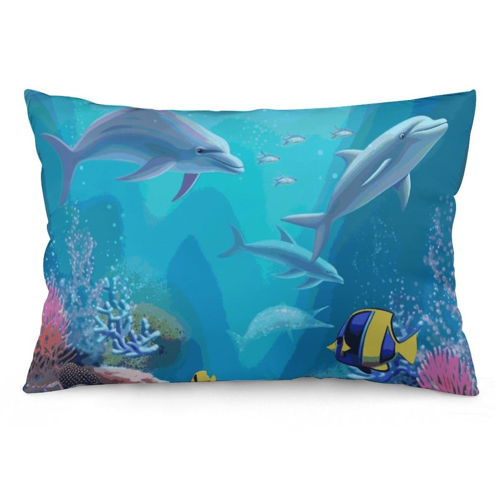 Velvet Pillowcases Standard Size 12 "x20, Ultra Soft Breathable Pillow Cases for Bed, Luxury Cozy Fuzzy Pillow Shams, Lumbar Pillow Cover, Blue Ocean Underwater Fish Cushion Case Home Decor