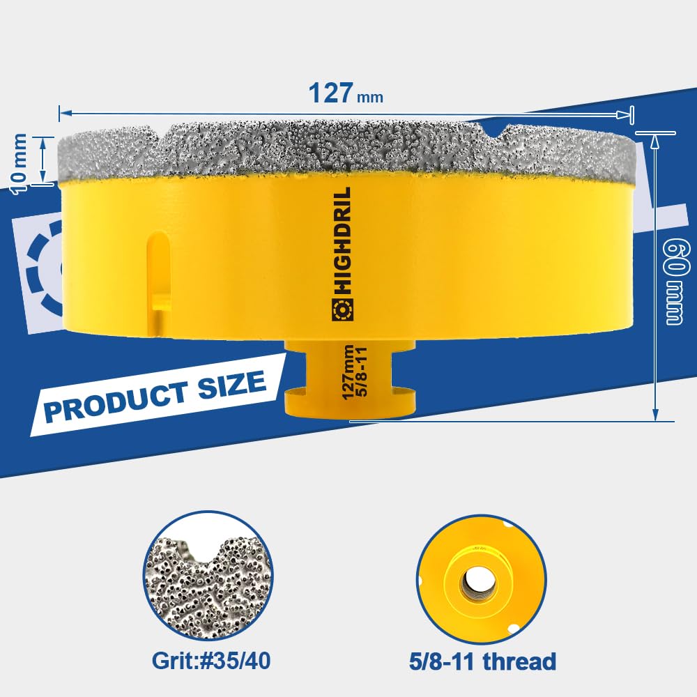 HIGHDRIL Diamond Core Drill Bit - 5"(127mm) with 5/8-11 Thread Dry Drilling for Porcelain Tile Ceramic Granite Marble Stone Masonry Brick