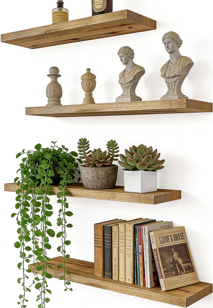 HXSWY Rustic Wood Floating Shelves for Wall, Wooden Wall Shelves for Bedroom, Wall Mounted Shelves for Living Room, Set of 4 Light Brown 16 Inch