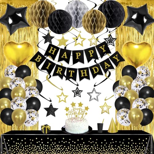 Image of Black Gold Birthday Party Decorations Supplies Happy Birthday Banner Honeycomb Balls Fringe Curtain Foil Balloons Hanging Swirls Cake Topper Tablecloth Party Supplies for Boys Men