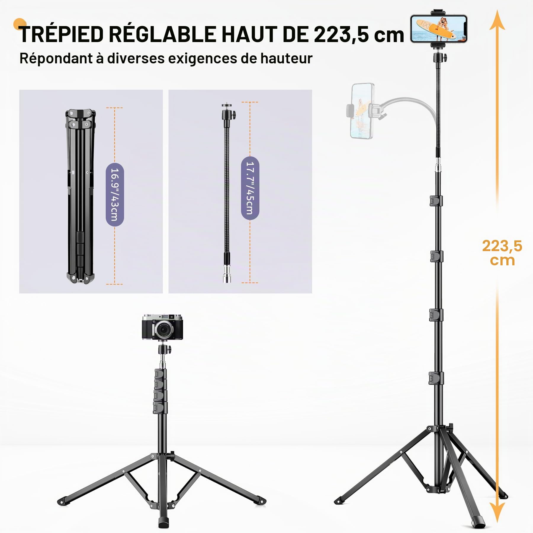 Victiv 224cm Haute Trepied Smartphone, Trépied Téléphone en Aluminium avec Col de Cygne Réglable, Télécommande, Support Telephone, Extensible Trépieds Appareil Photo avec Rotule à 360° pour DSLR Canon