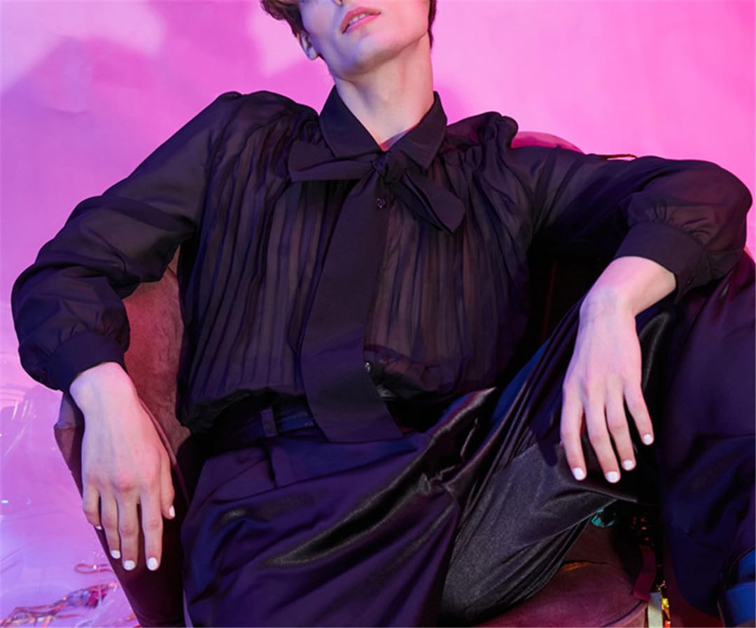 Camicia da Uomo Sexy in Maglia Trasparente con Risvolto Manica Lunga con Cravatta Pieghettata Abbigliamento da Festa Solido