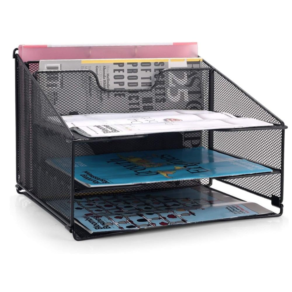 Techly 368062 Desk Organiser with 3 Trays and 2 Vertical Sections, Black