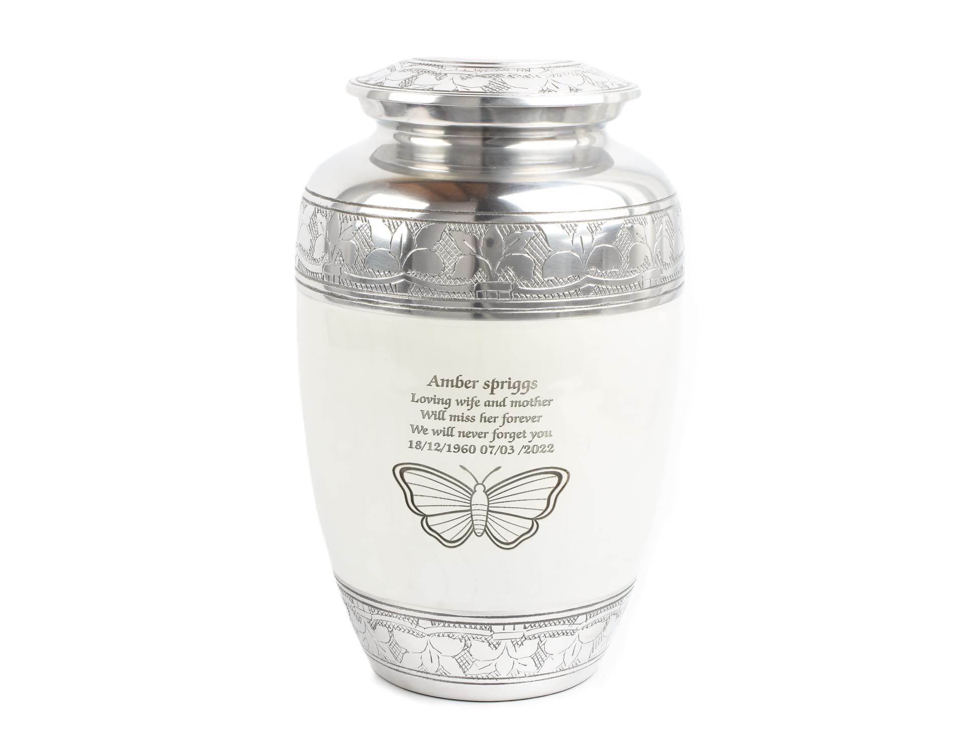 Urnswithlove White Cremation Urn For Human Ashes – Adult Large Decorative Aluminum Funeral Memorial Keepsake – Securely Holds Approx. 90Kg Or 14 Stone Body (-Butterfly, Adult Size)
