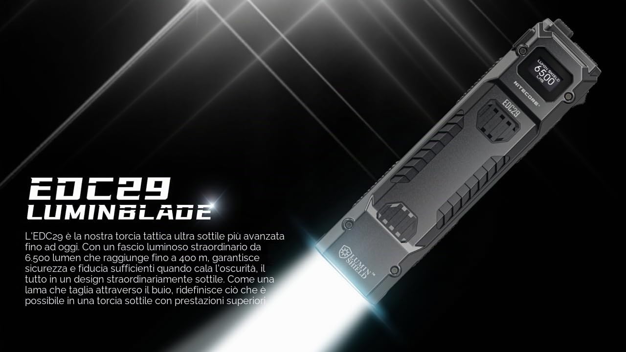 Nitecore Torcia elettrica EDC29 Luminblade – Torcia tattica LED ricaricabile USB, ultra luminosa 6500 lumen, fino a 61 ore di autonomia
