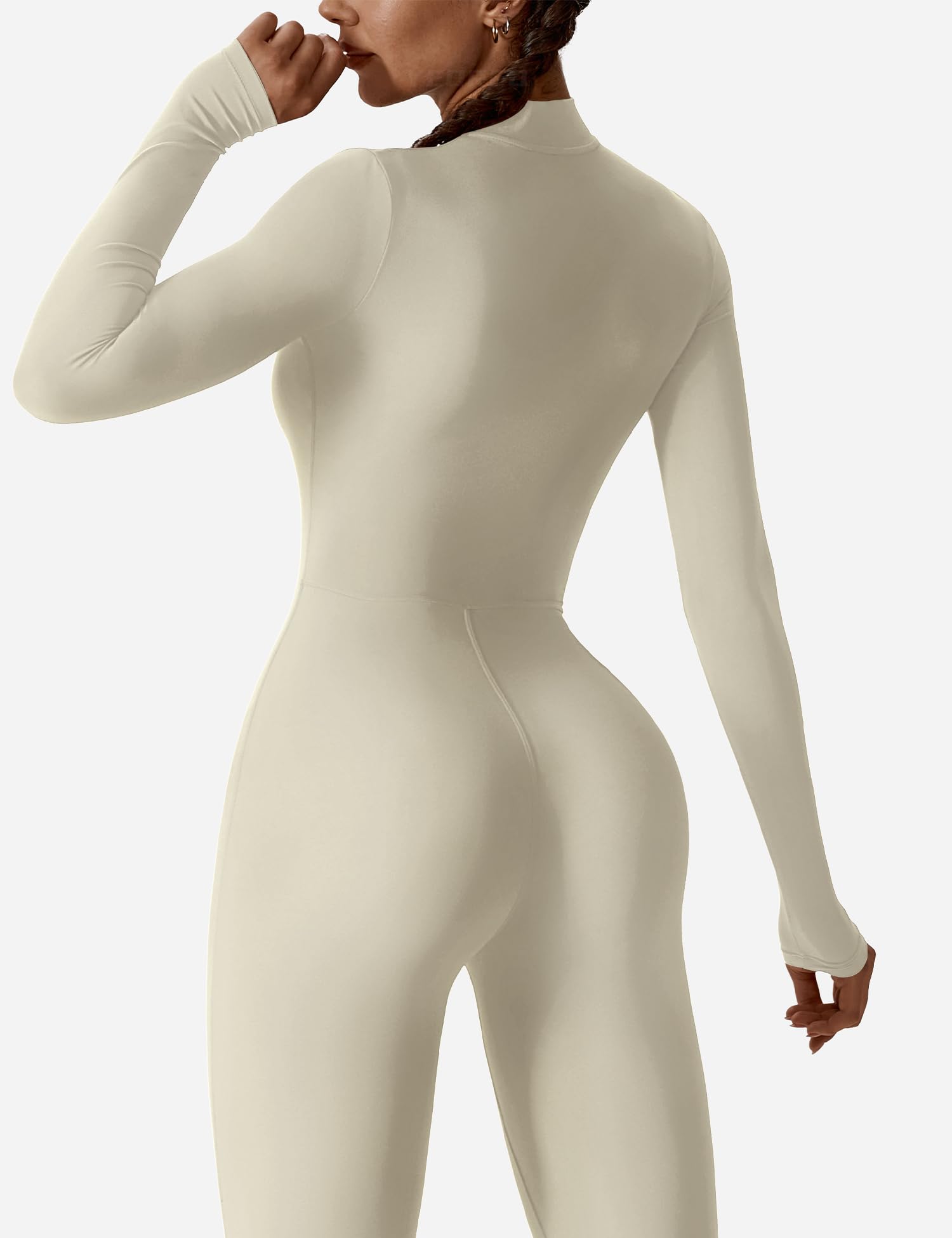 YEOREO Mono de entrenamiento de manga larga para mujer, con cremallera, parte inferior de pantalones, bodycon, sexy, de una pieza, Crema, Small