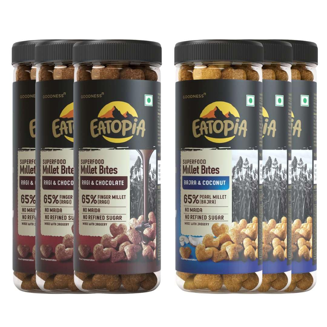 Eatopia 3 Ragi Chocolate + 3 Bajra Coconut Millet Bites | No Maida, Non GMO, No Added Sugar | Gluten Free | Millets & Cereals | High Protein & Fiber | Breakfast Cereals | Healthy Snacks for Kids | Pack of 6 (Pet Jar) (B0CLDX74JZ) Amazon Price History, Amazon Price Tracker