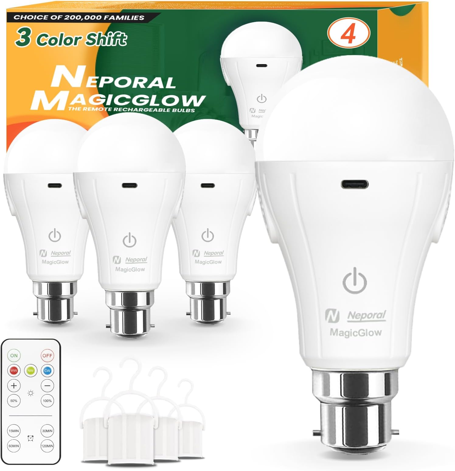 Rechargeable Light Bulb B22, 15W 60W Eq., Dimmable & 3 Colour Modes, Remote & Touch Control, USB-C Charging 24H Runtime, No Wiring, for Power Cuts, Camping, Closets – 2 Pack
