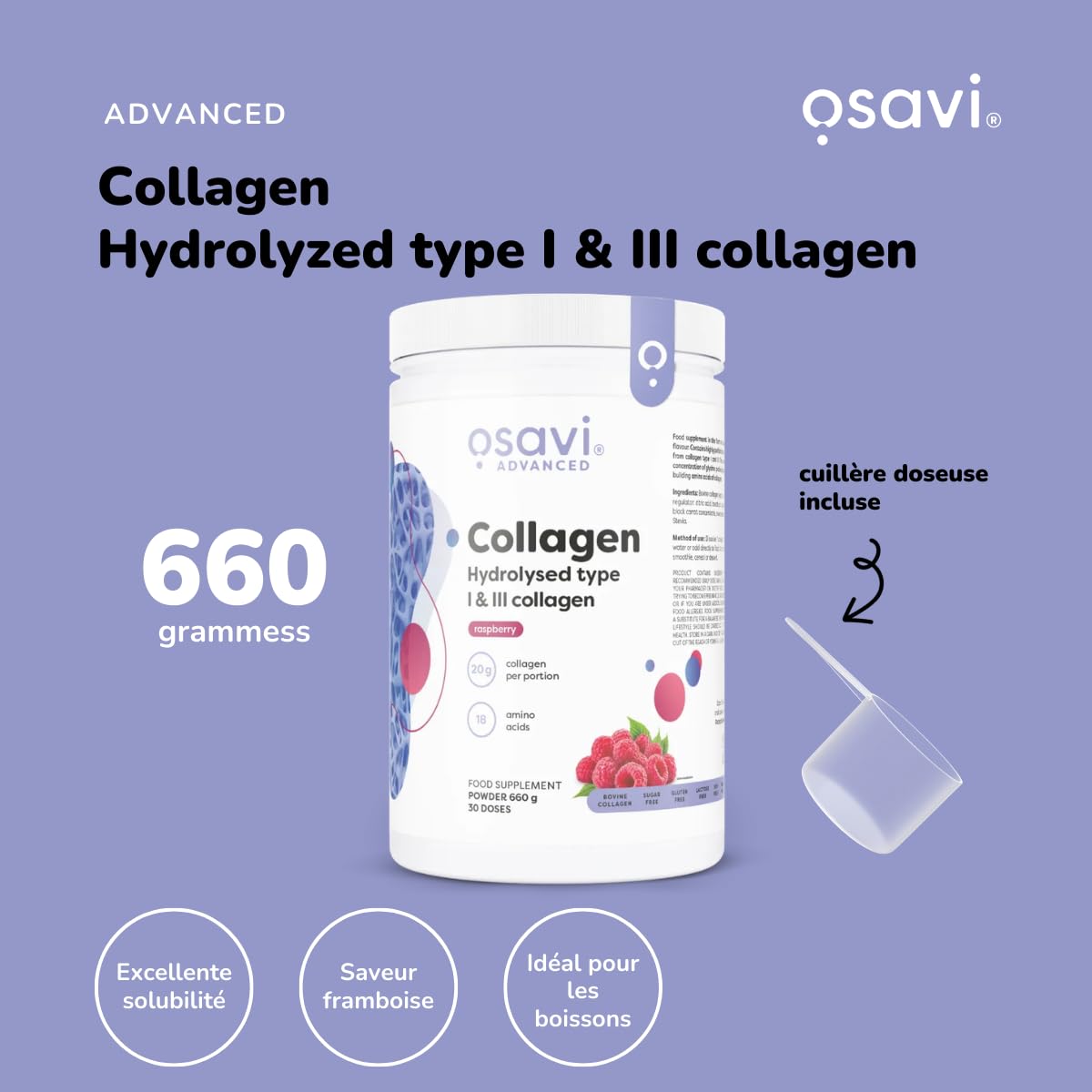 Osavi Collagène Hydrolysé Type I & III – 660 g Poudre | Saveur framboise | 20 g de peptides par portion | 18 acides aminés dont glycine & proline | Soutient muscles & os | Se dissout facilement