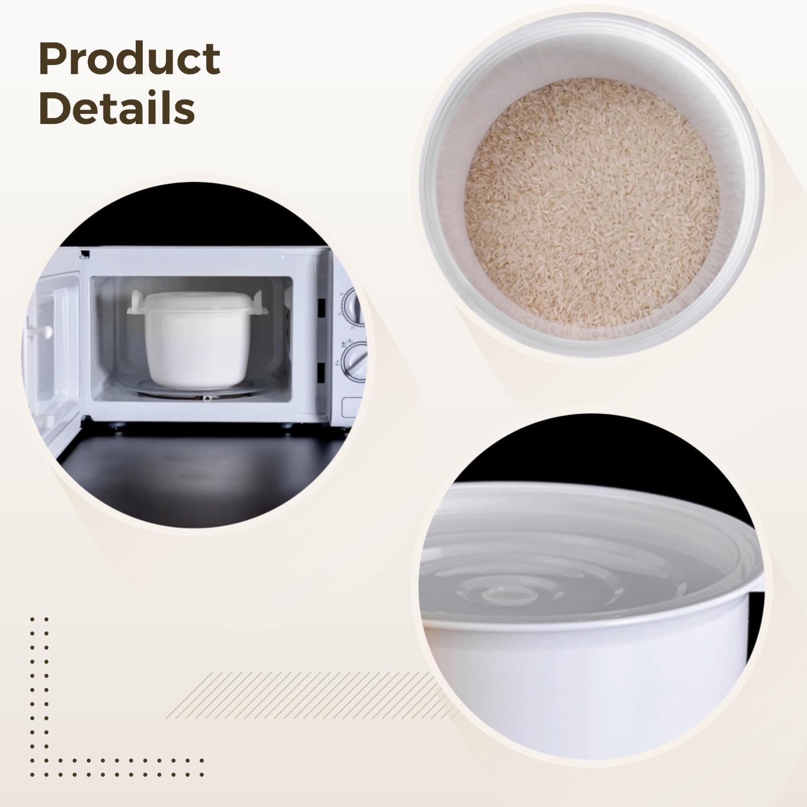 3-Cup Rice Cooker With Locking Lid, Microwave Meal Steamer, White Family-Sized Bowl For Quick Cooking And Storage