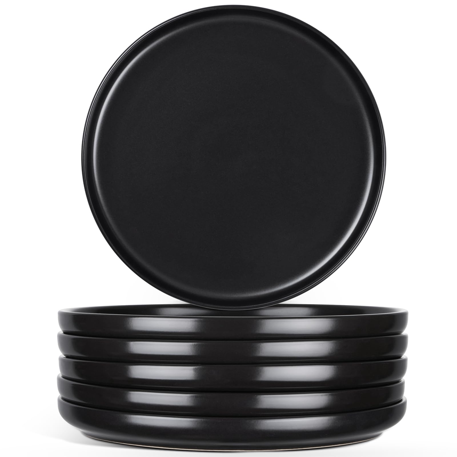 E-far 8” Ceramic Salad Plates Set of 6, Stoneware Dishes Dessert Plate for Home Kitchen Restaurant, Microwave &amp; Dishwasher Safe – Matte Black