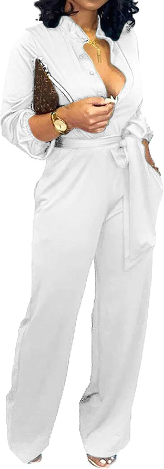 Yiershu Women's Jumpsuits Elegant Button Down Sexy V Neck Long Sleeve Bodycon Long Straight Pants With Belt