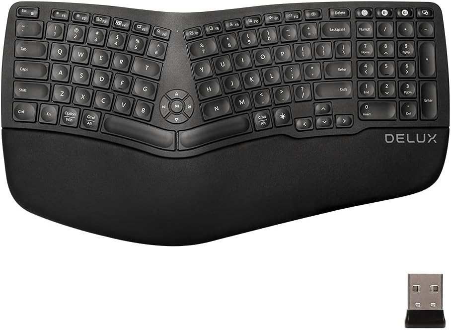 Teclado ergonómico inalámbrico Delux, Teclado Vertical, Soporte para reposamuñecas, Windows/Mac, Bluetooth, Receptor USB Incluido (GM902 Negro)