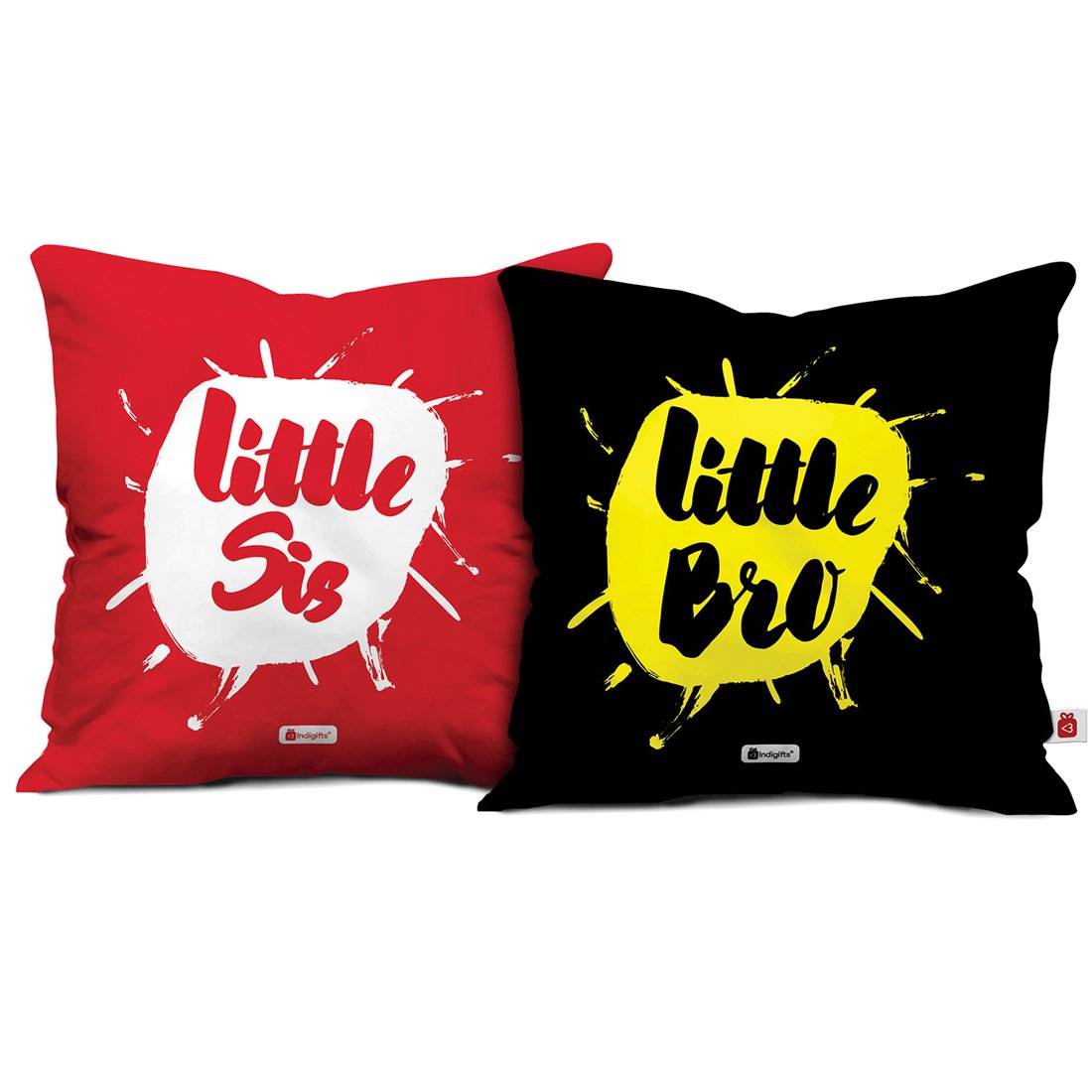 Indigifts Rakhi Rakshabandhan Gift Black Lil Bro and Red Lil Sis Printed Micro Satin; Fibre Cushion with Filler Combo Set (12 x 12 inch)
