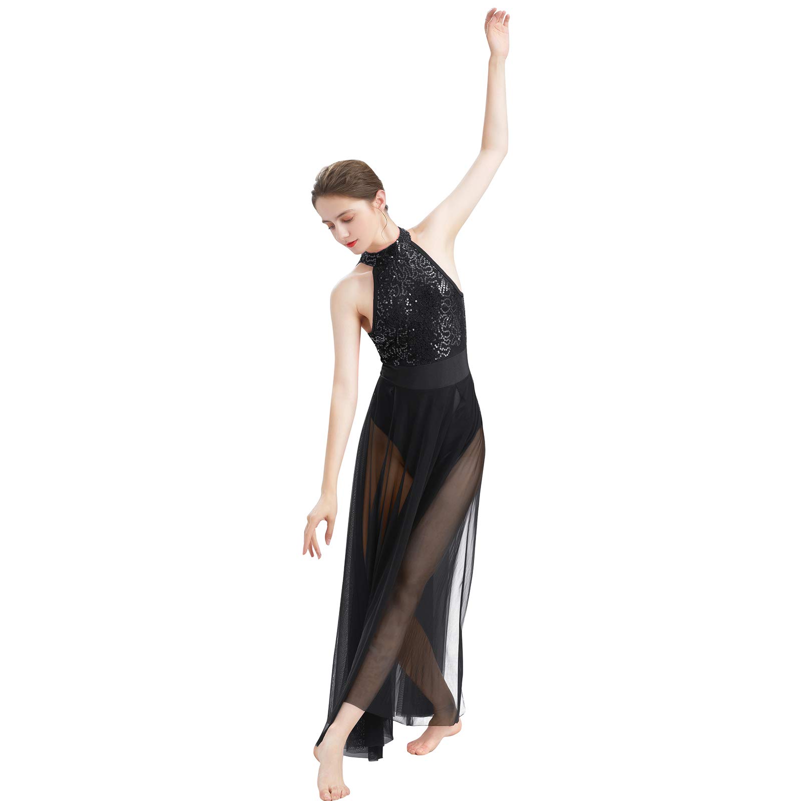 ODASDOWomen Lyrical Dance Dress Modern Contemporary Dancewear Halter Neck Sequins Leotard Mesh Tulle Maxi Long Skirt
