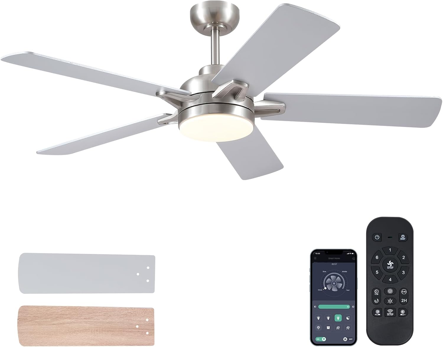 52" Ceiling Fan with Lights and Remote - Low Profile Ceiling Fans with 5 Dual-Sided Blades and Reversible Motor, Indoor/Outdoor Ceiling Fan Lights for Modern Bedroom, Covered Patios, Nickel