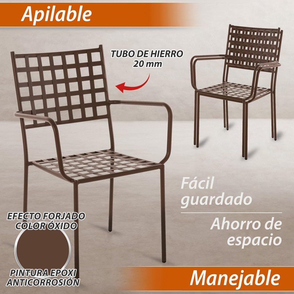 LOLAhome Mesa mármol y 2 sillas de jardín Cartago Marrón Oxido | Estilo Hierro Forjado | Mesa Ø60x72 cm | Sillas 56x61x90 cm Contract, Resistentes, Apilable y con Brazos | para Exterior | Cartago