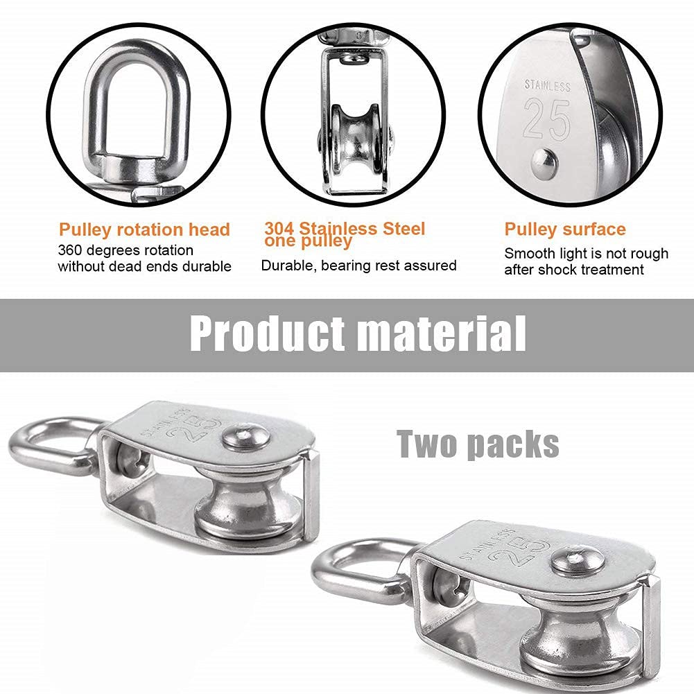 25MM Umlenkrolle, Flaschenzug Einzelsatz in Edelstahl 304, Schalen Riemenscheibe Roller für Seile, Tragkraft 150kg - 2Pack