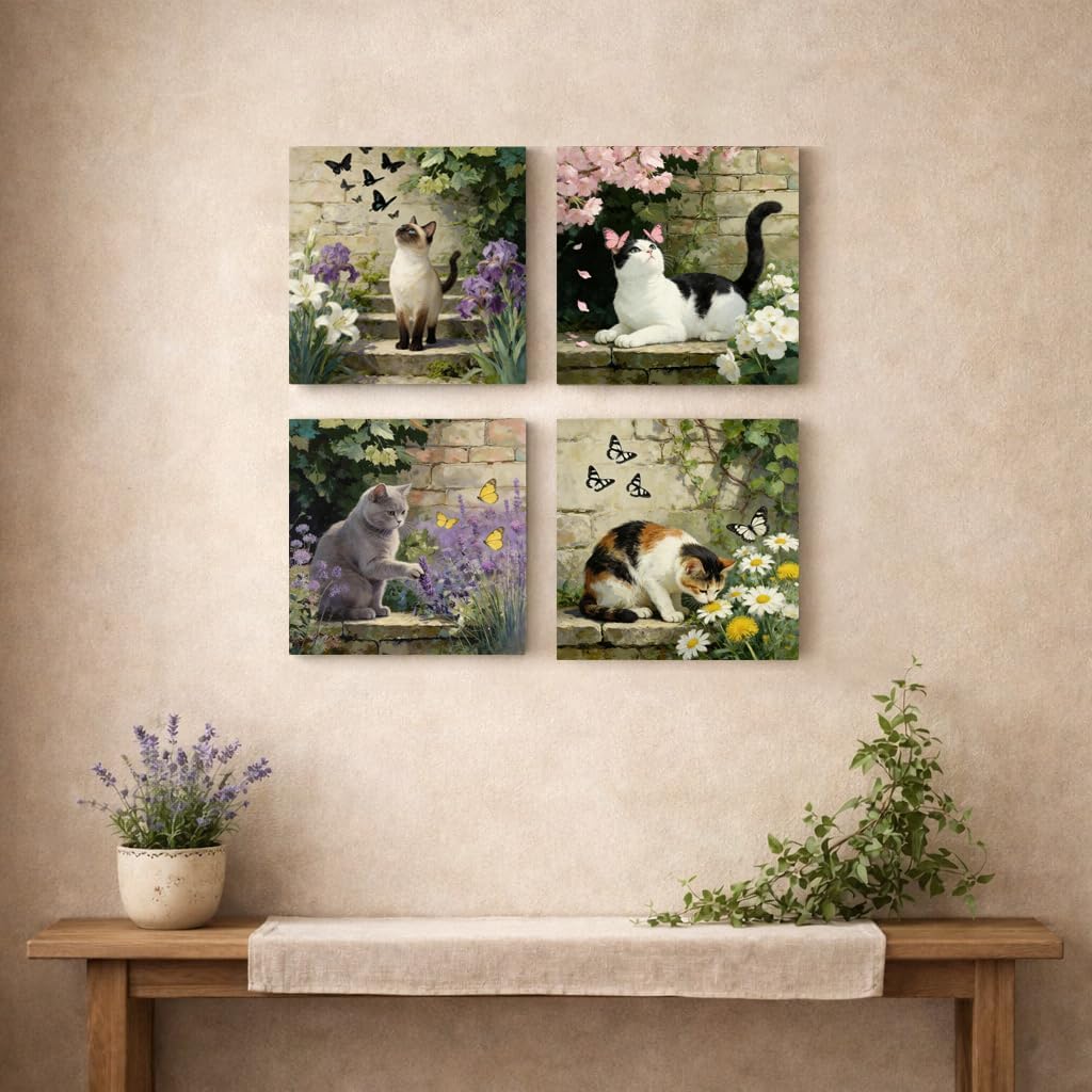 Artiluxy Cat Wall Art Canvas Set of 4, 12x12 Inch Vintage Floral Cat Paintings, Cottage Garden Style Canvas Prints for Bedroom, Hallway, Living Room Decor (Green)