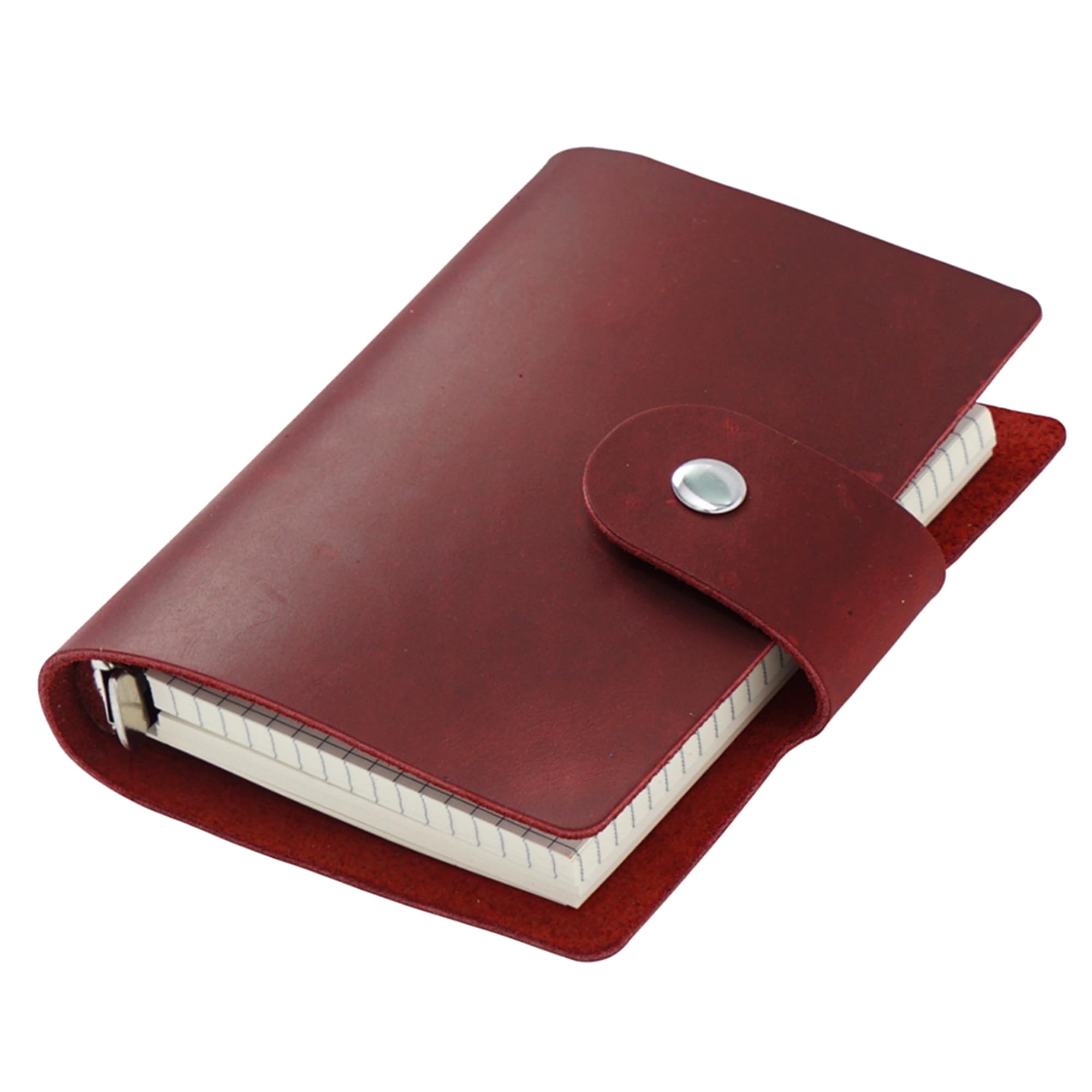 AxeWoodz A8 Genuine Leather Journal, Red Handmade Leather Cover Pocket Size Binder Planner, Mini Vintage Leather Planner, 96 Sheets Inner Pages, Loose Leaf 5-Ring with Snap Button Closure