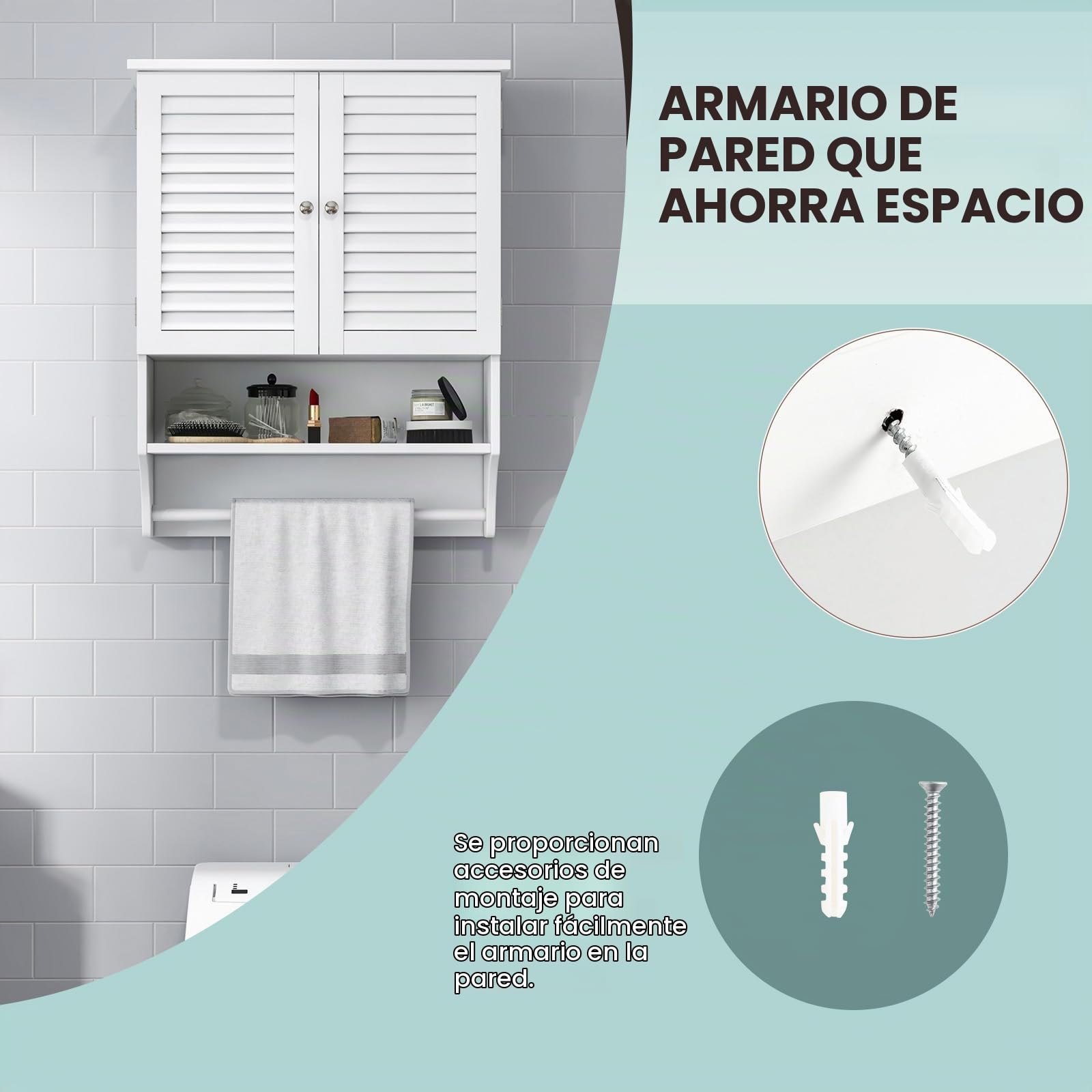 LIFEZEAL Armario de Baño de Pared con Toallero (Blanco) | Mueble de Almacenamiento de Baño de 2 Puertas y 3 Estantes, Madera, Ahorra Espacio, Ajustable, Max 30kg, 60x22x75 cm