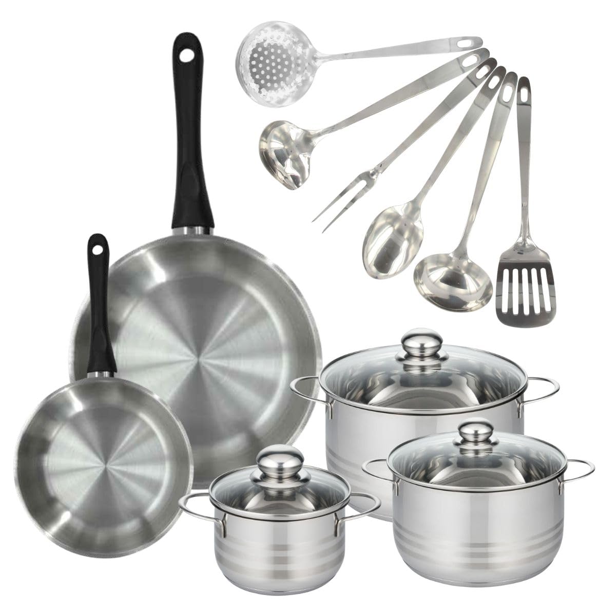 Fackelmann 9358450 2 Frying Pans 20 and 28 cm 18/8 Stainless Steel, 3 Saucepans 16 20 24 cm Stainless Steel, 6 Utensils, Frying Pan, Induction Frying Pan, PFAS Free, Stainless Steel, Glass, 16 20 28 | 11 pièces pour équiper la cuisine, 2 poêles et 3 faito