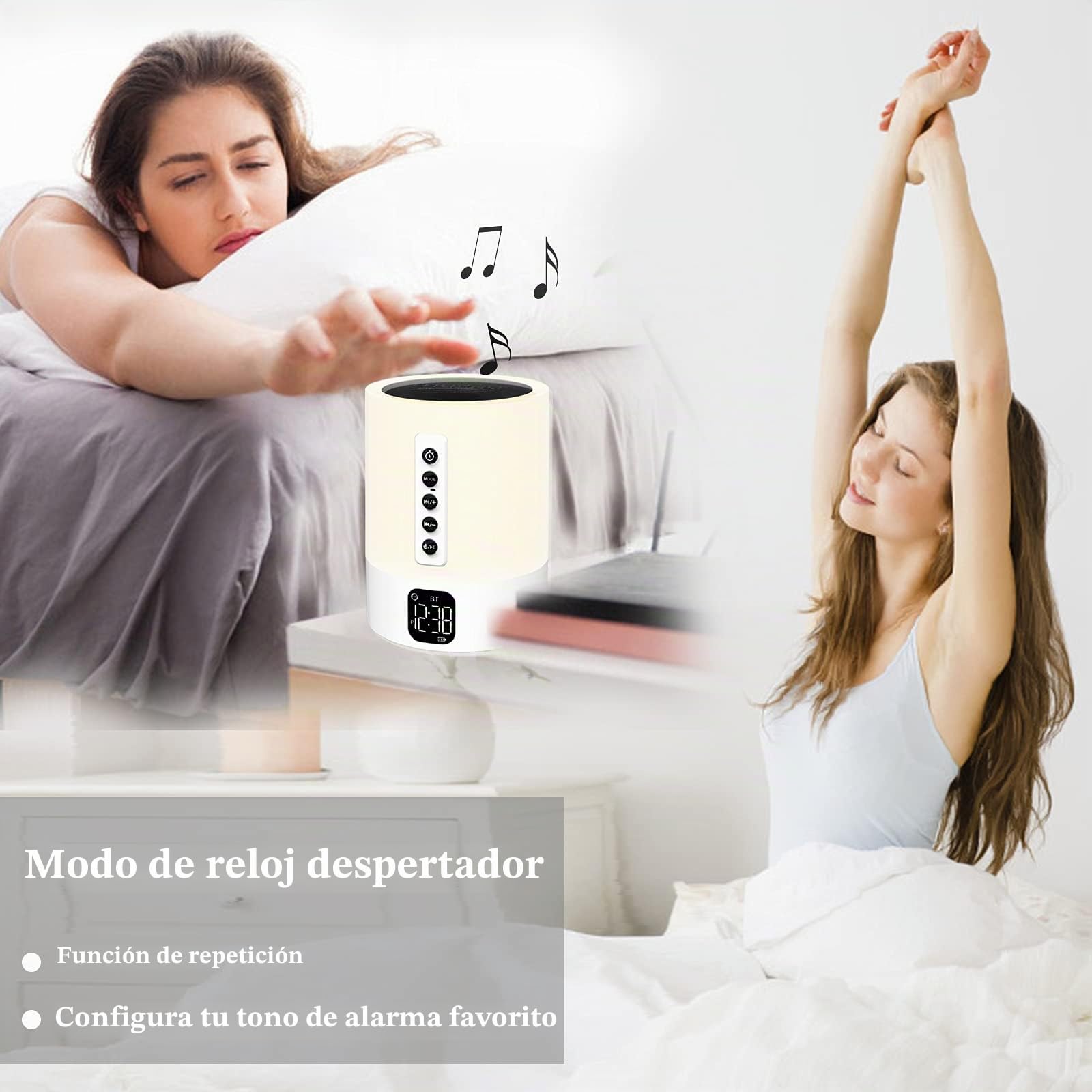 Altavoz Bluetooth con luz nocturna, máquina de ruido blanco, lámpara de noche táctil con reloj despertador, multicolor cambiante lámpara de mesa de dormitorio regalo para adolescentes, mujeres, niños