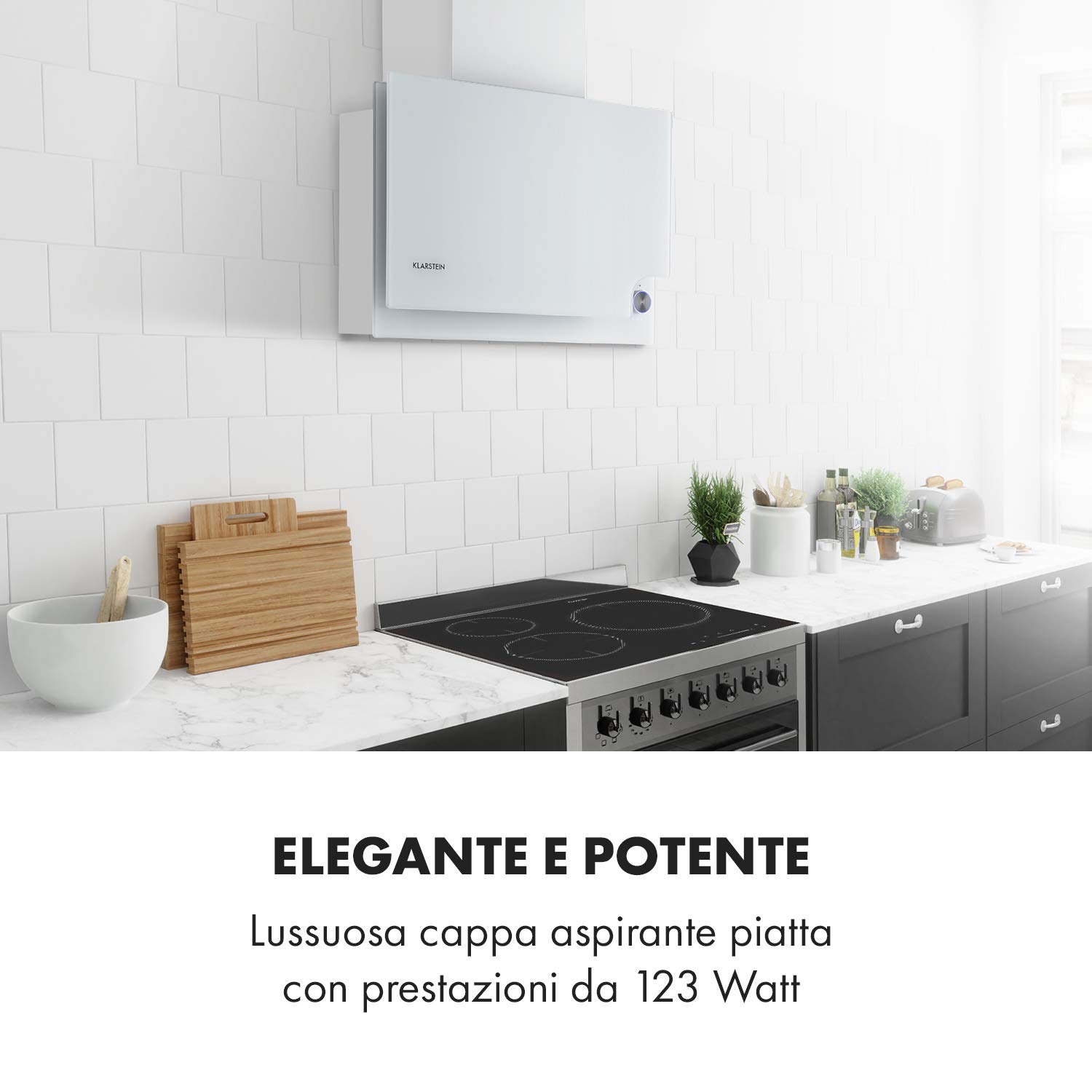Klarstein Amelia - Cappa aspirante, Cappa a testa libera, Design piatto, 123 W, 586 m³/h, Illuminazione LED: 3 W, 3 livelli di potenza, Manopola touch illuminata, 60 x 47 x 23,5 cm, bianco