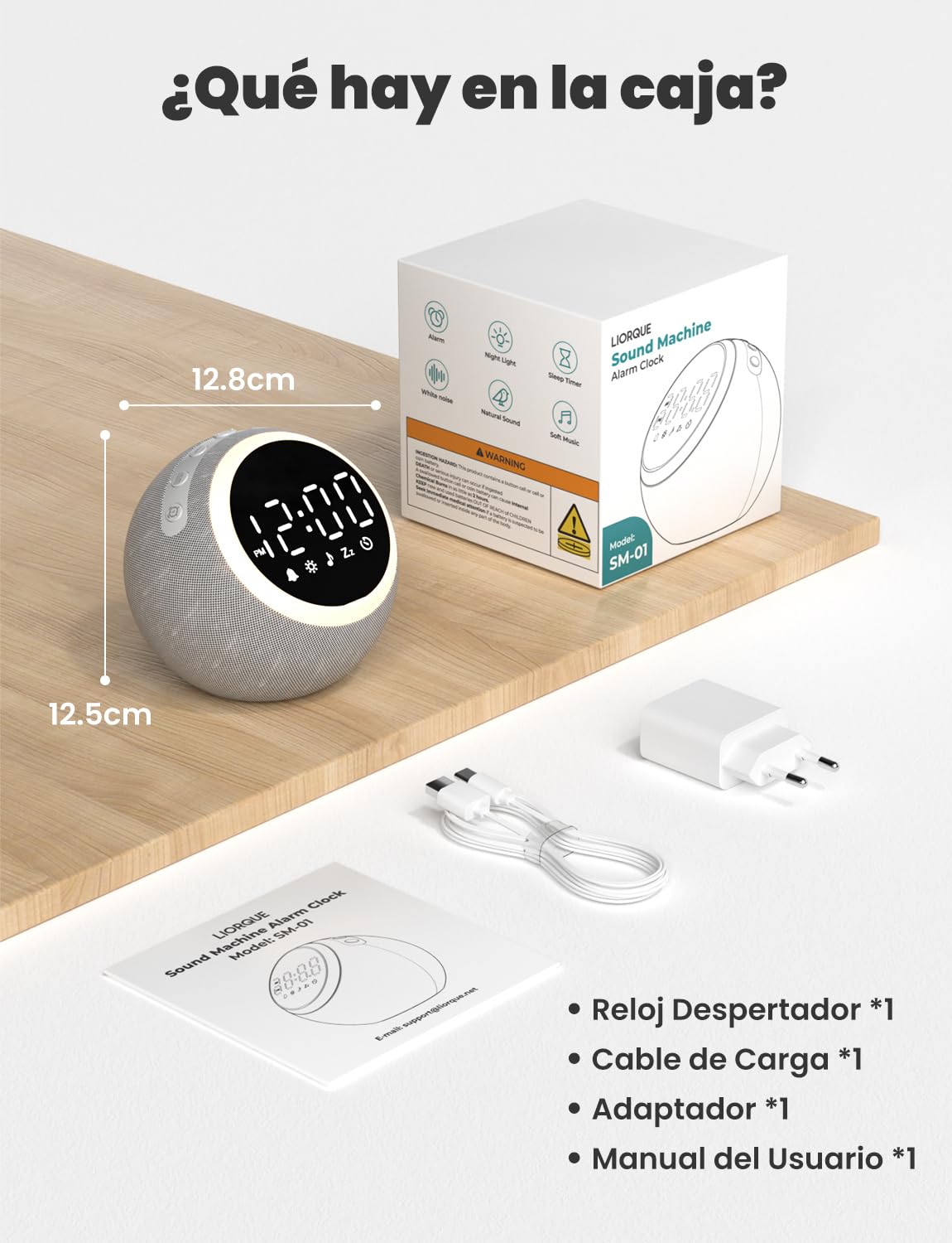 LIORQUE Despertador Luz con Ruido Blanco, 25 Sonidos Calmantes, Volumen Ajustable y Luz Nocturna, Temporizador para Dormir, Ideal para Bebés Niños Adultos, Reloj Despertador Digital para Dormitorios
