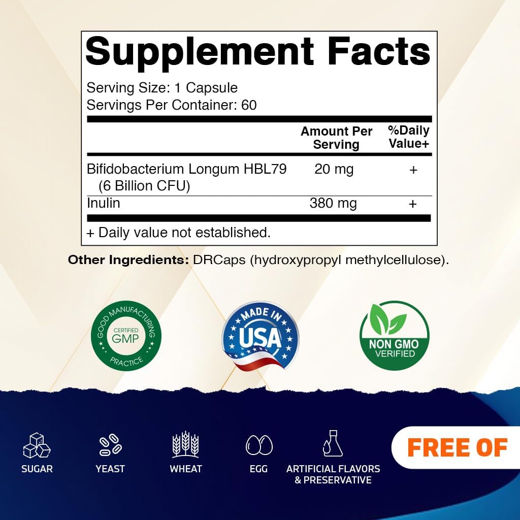 Vitamatic Bifidobacterium Longum 6 Billion CFU per DR Capsule - 60 Count - Promotes Intestinal Health - Made with Prebiotic Inulin Fiber (Pack of 2)