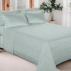 Jogo de Cama 100% Algodão 300 Fios Percal Lençol Antiácaro Respirável Toque Macio, 4 Peças - Bem Lunar (Verde Oliva Grid, Casal)