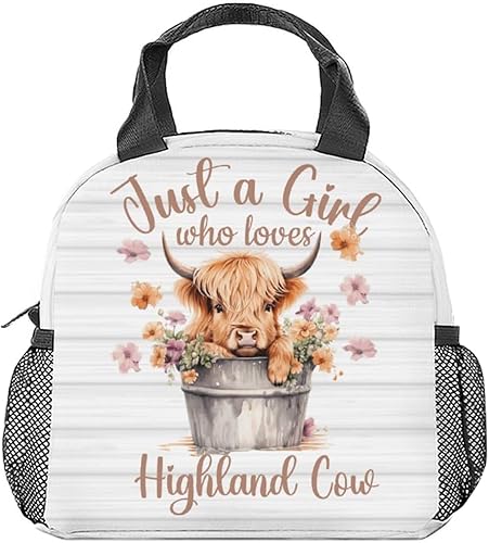 Miniatura 1 de CUSPCOD Highland Cow - Lonchera Bento reutilizable con correa para el hombro y bolsillos, lonchera pequeña blanca linda para niñas y niños, lonchera