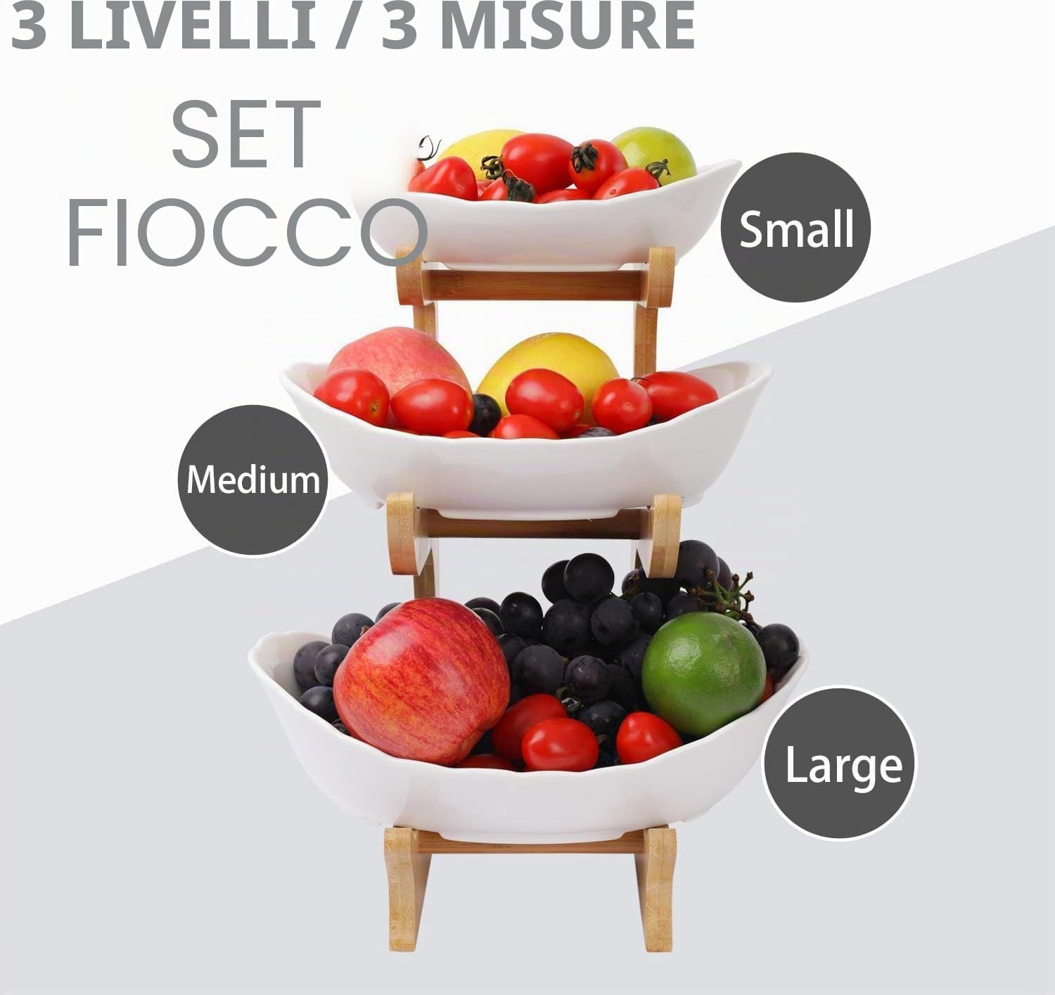 Alzata per frutta in ceramica, con 3 ripiani, piatto di frutta, 3 livelli, con supporto in bambù, piatto da portata per cucina, frutta, verdura, snack, caramelle