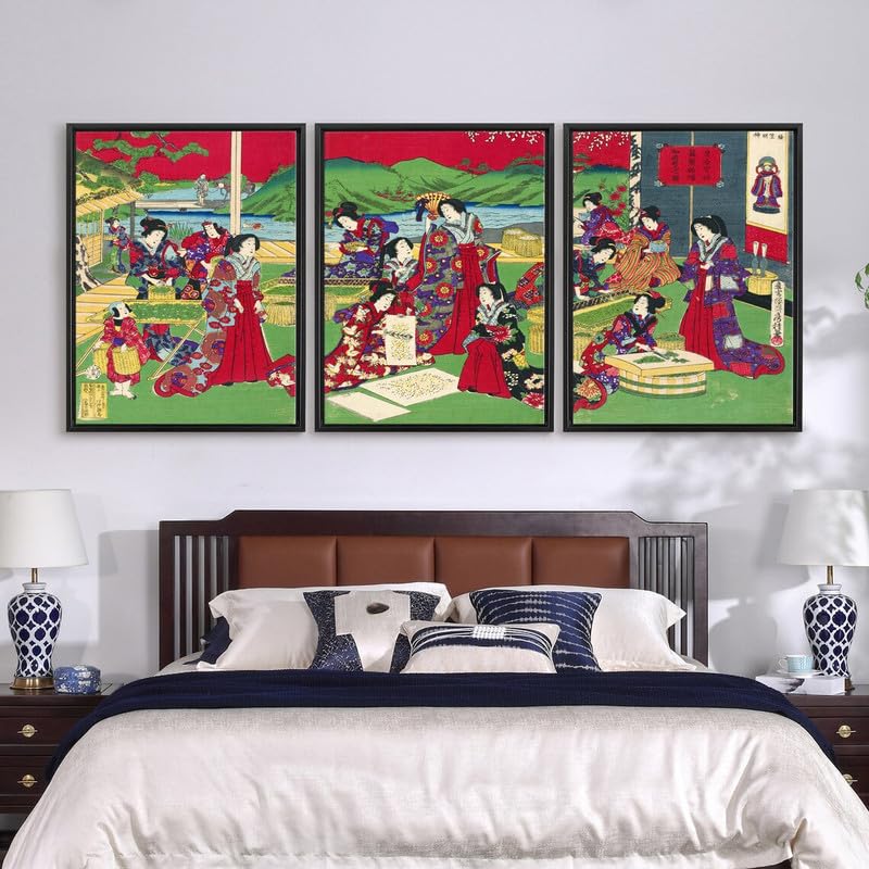 Toile japonaise triptyque geisha Fusatane pour une déco zen de bureau