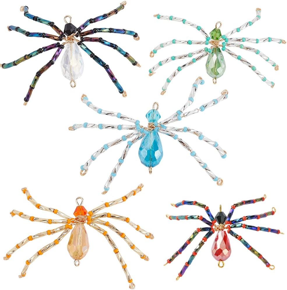 SUNNYCLUE 1 Box 10Pcs Halloween Spider Charms Gothic Style Charms Glass Crystal Red Green Blue Insect Spiders Animal Seed Bead Charm Bulk for Jewelry Making Charms Adult Diy Craft Supplies Party Decor