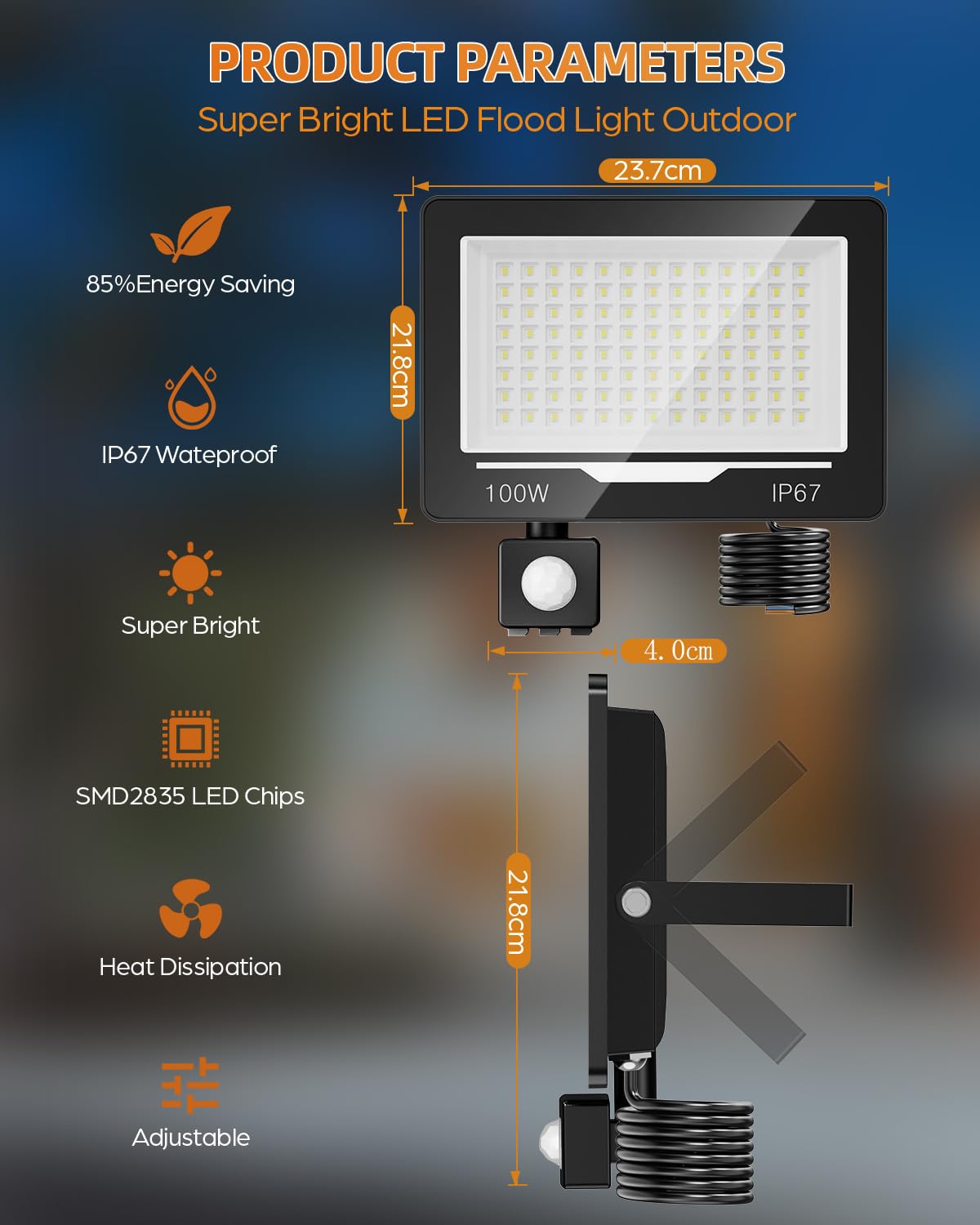 100W 10000LM Foco LED Exterior con Sensor Movimiento 2 Piezas, 6500K Blanco Frío Impermeable IP67 Foco Exterior con Sensor de Movimiento para Patio, Jardín