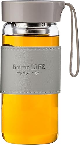 Botella de té de vidrio de 16 onzas con funda antideslizante e infusor de té inoxidable, tapa a prueba de fugas, botella de agua de vidrio portátil