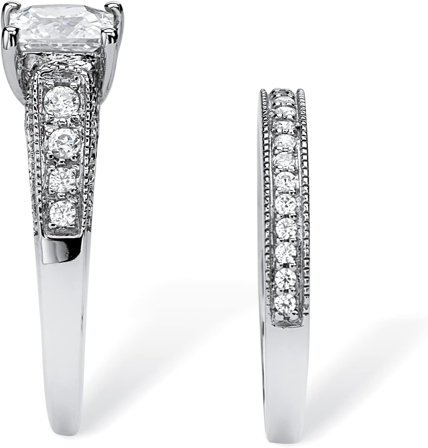 PalmBeach 10K White Gold Princess Cut Cubic Zirconia Vintage Style Bridal Ring Set Sizes 6-10