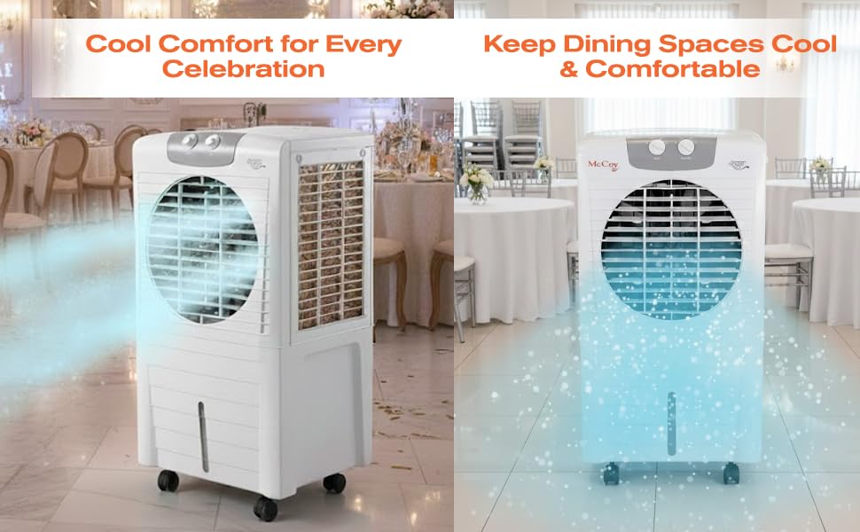 Image of McCoy Shagun Desert Air Cooler | Portable Room Cooler with Wheels | 75L Water Tank Capacity | Multiple Speed Control | Honeycomb Cooling Pad | 225W | Ice Chamber | White