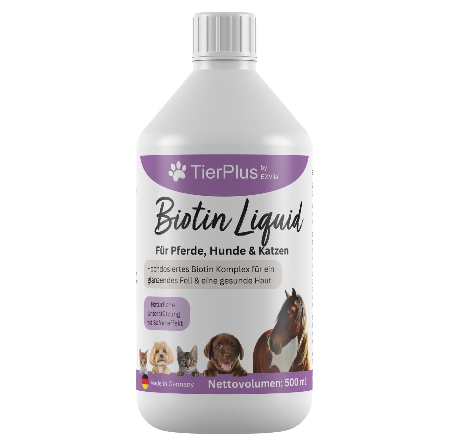 TierPlus Biotin Liquid für Pferde, Hunde & Katzen, 500 ml, Biotin Komplex mit Zink & vielen B Vitaminen, für EIN strahlendes Fell, gesunde Haut & Starke Hufen/Krallen, laborgeprüft
