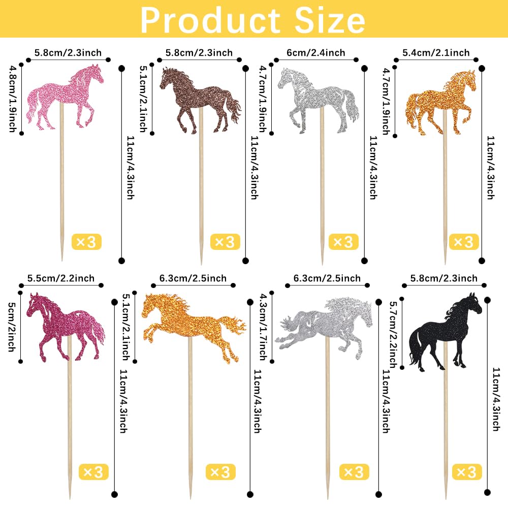 24 Horse Cupcake Toppers - 8 Style Animal Cupcake Picks for Horse Racing & Cowgirl Birthday Parties