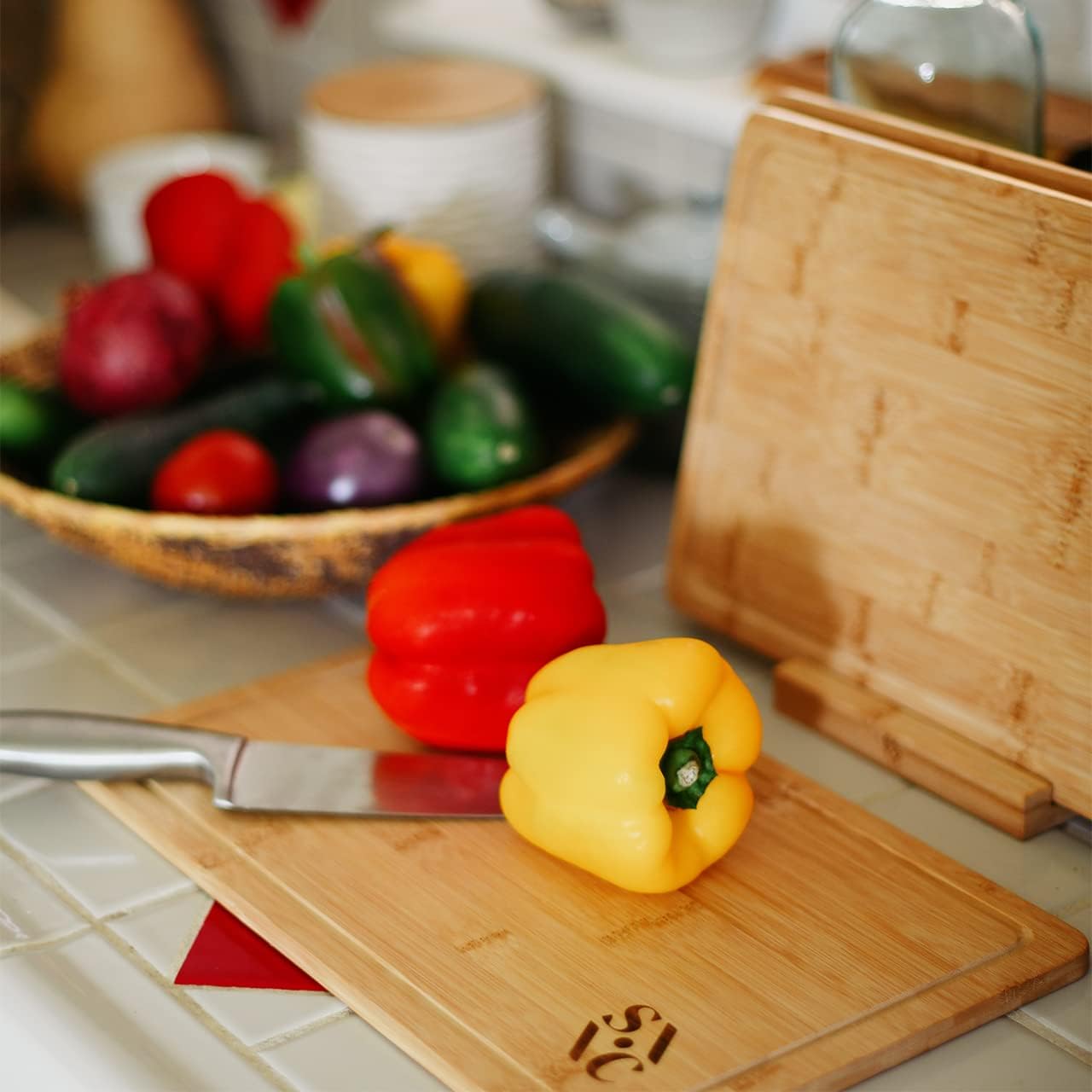 Stone & Clay Bamboo Wood Cutting Boards - Set of 3 (Small, Medium, and Large) Chopping Boards with Stand - Perfect for Cheese, Vegetables, Fruit, and Meats - Includes Juice Groove for Easy Cleanup